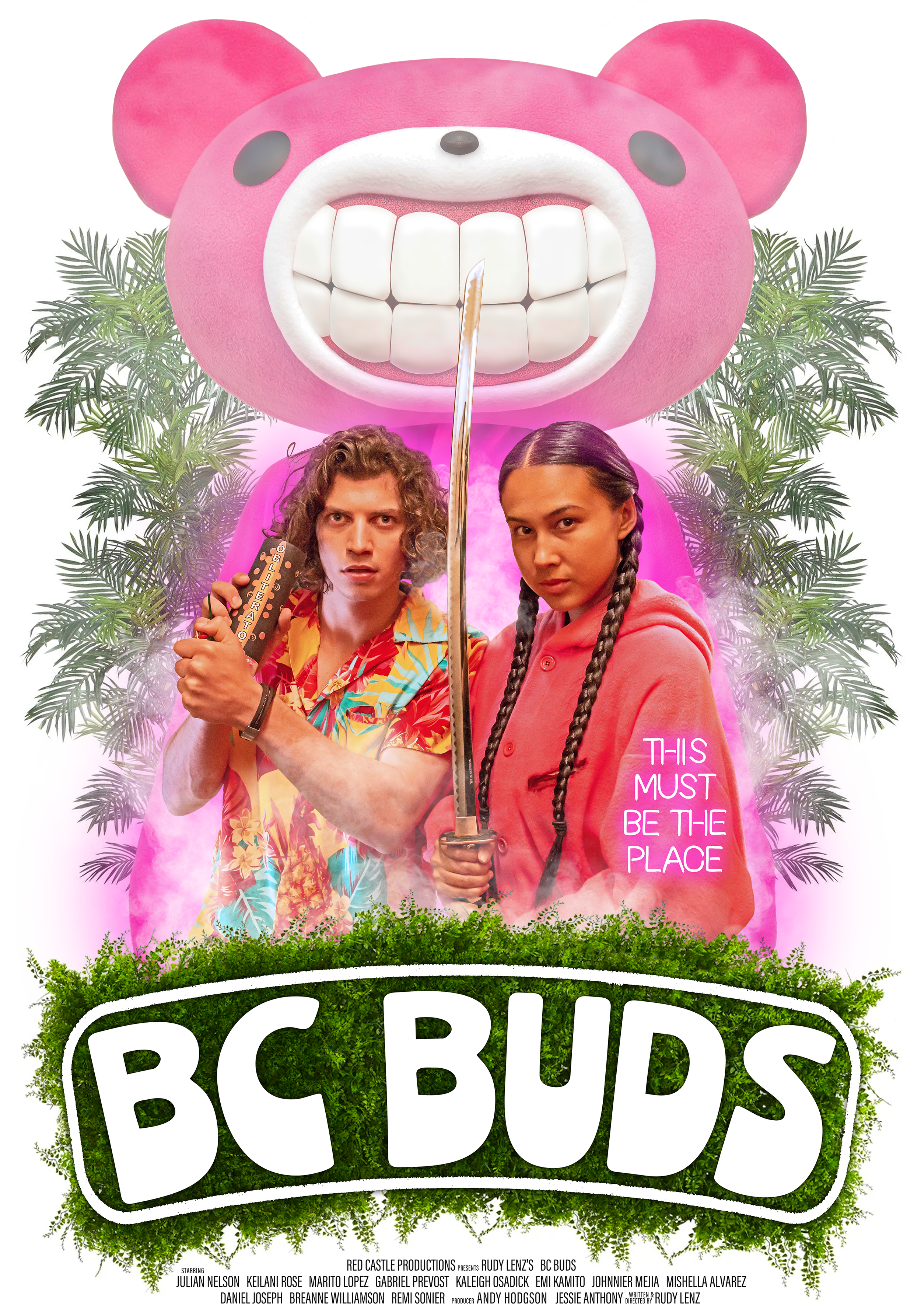 A colorful poster for the movie 'BC Buds' features two young adults, a man with curly hair holding a chocolate bar labeled 'Obliteration' and a woman with braided hair holding a sword. Behind them is a large pink bear with a big open mouth showing teeth, and surrounded by green palm leaves. The woman is wearing a pink hoodie with the phrase 'This must be the place' in neon pink text. The movie title is displayed at the bottom in large white letters on a green leafy background.