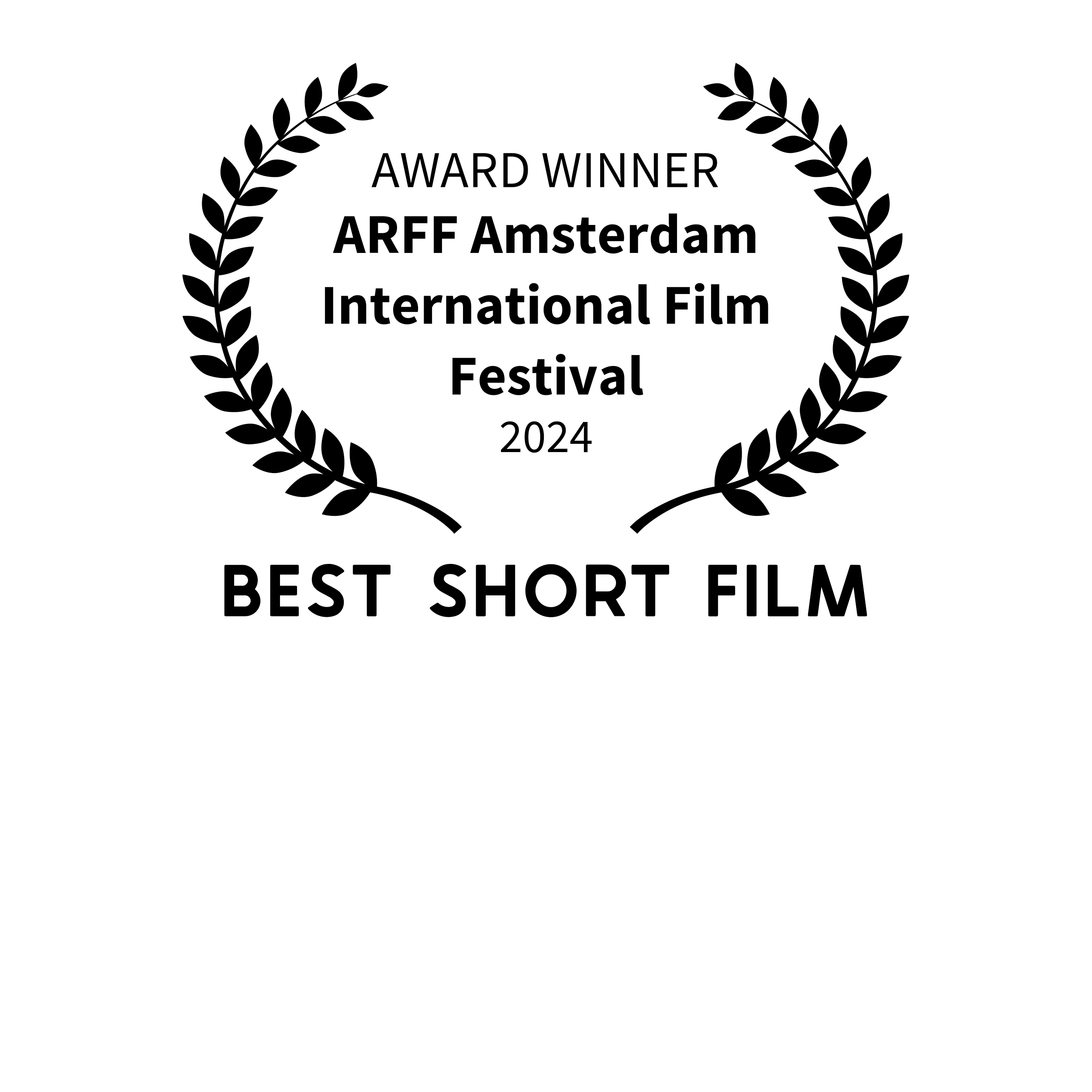 Award badge with laurel wreath design, text indicating it was for the ARFF Amsterdam International Film Festival 2024, awarded for Best Short Film.