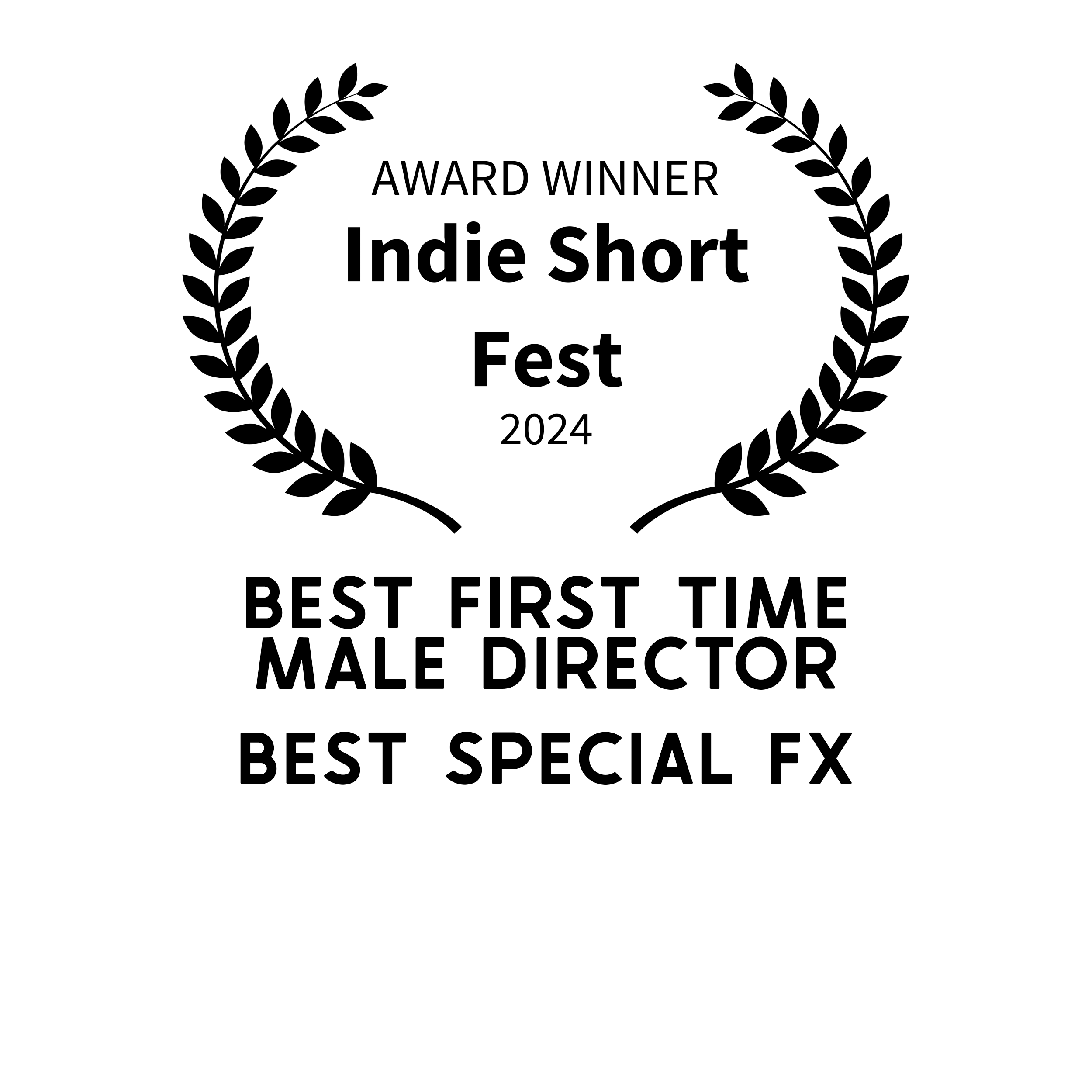 Award certificate for Indie Short Fest 2024, highlighting best first-time male director and best special effects.