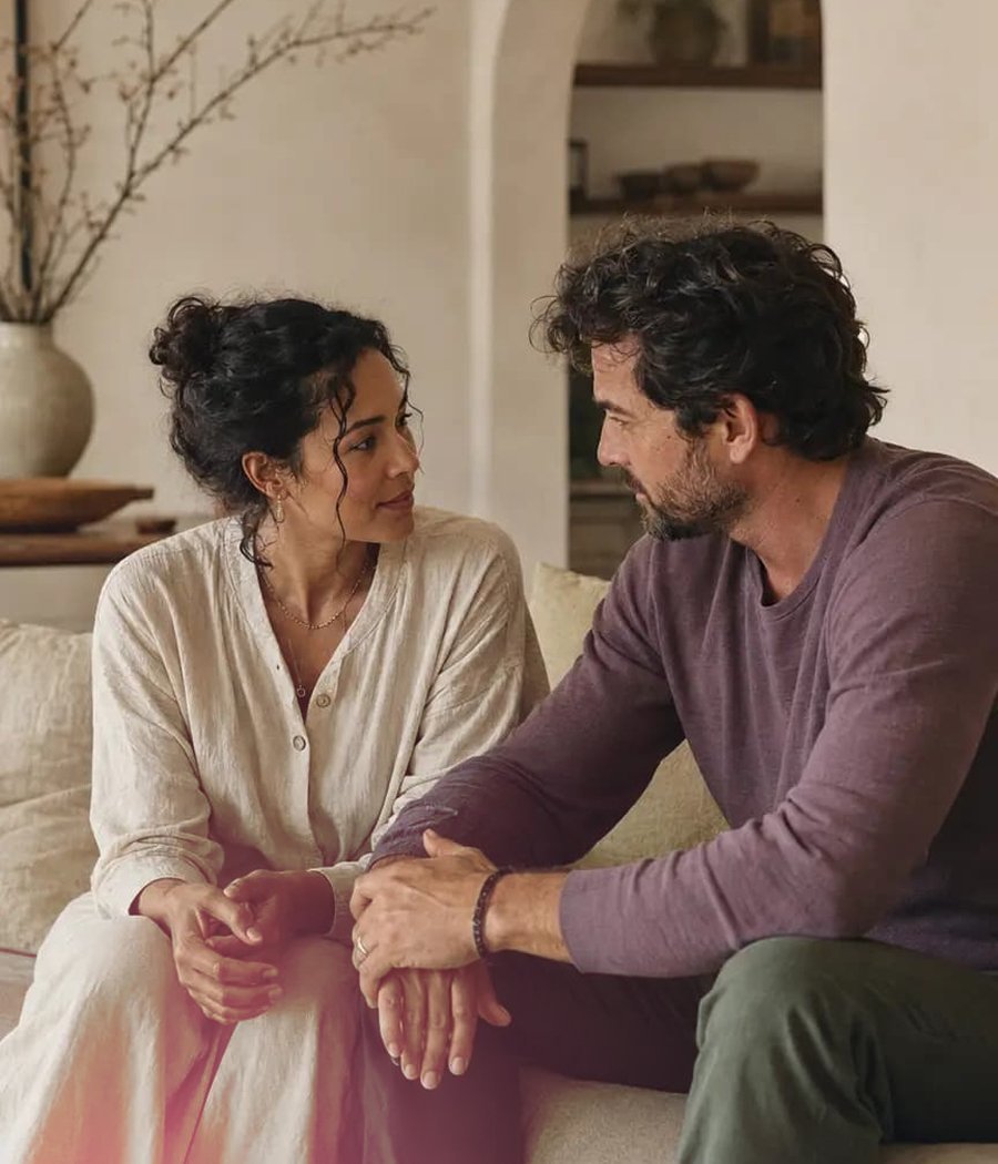 A man and woman sitting closely on a beige couch, holding hands, facing each other and gazing into each other's eyes in a warm, cozy living room.