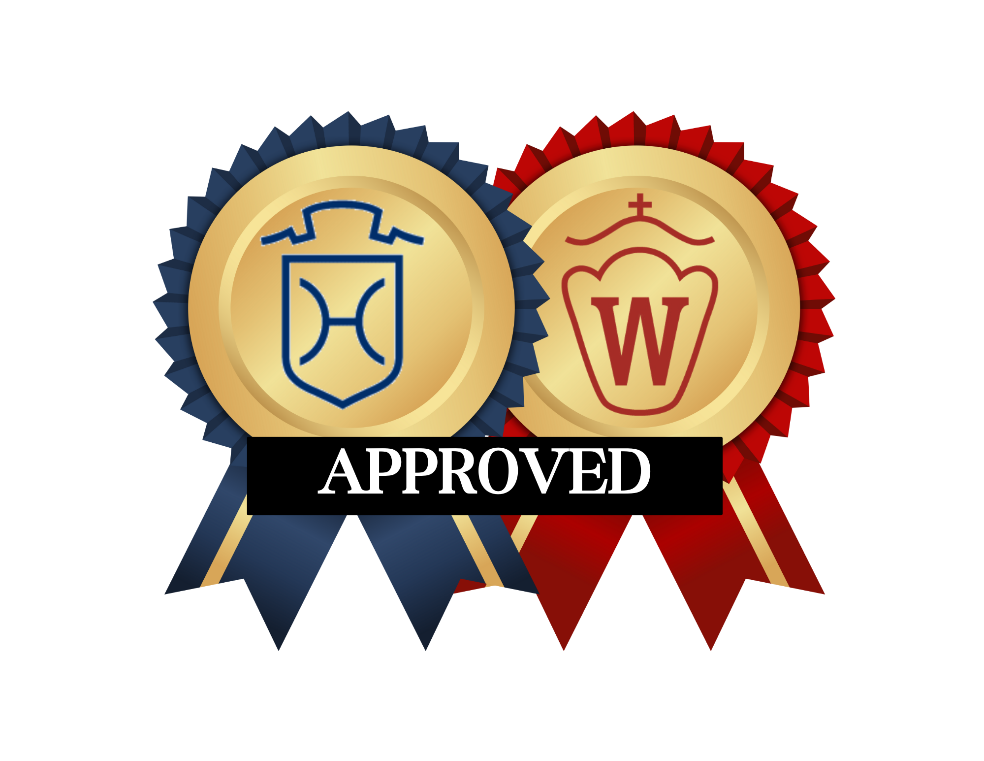 Two approval badges, one with a blue ribbon and a navy blue shield logo, the other with a red ribbon and a cup logo, with a black banner across them stating "Approved."