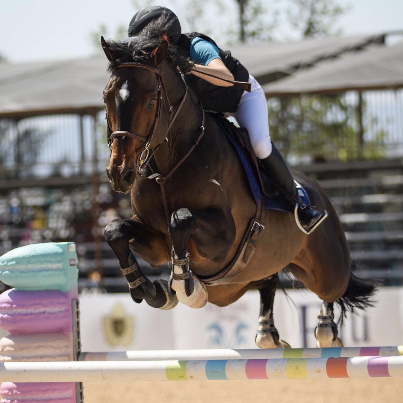 A rider and a brown horse in mid-air jumping over a colorful obstacle during a show jumping competition.