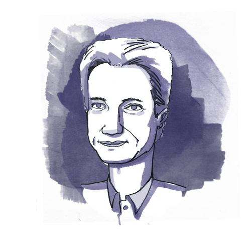 A digital illustration of a woman with short, light-colored hair against a dark purple background.