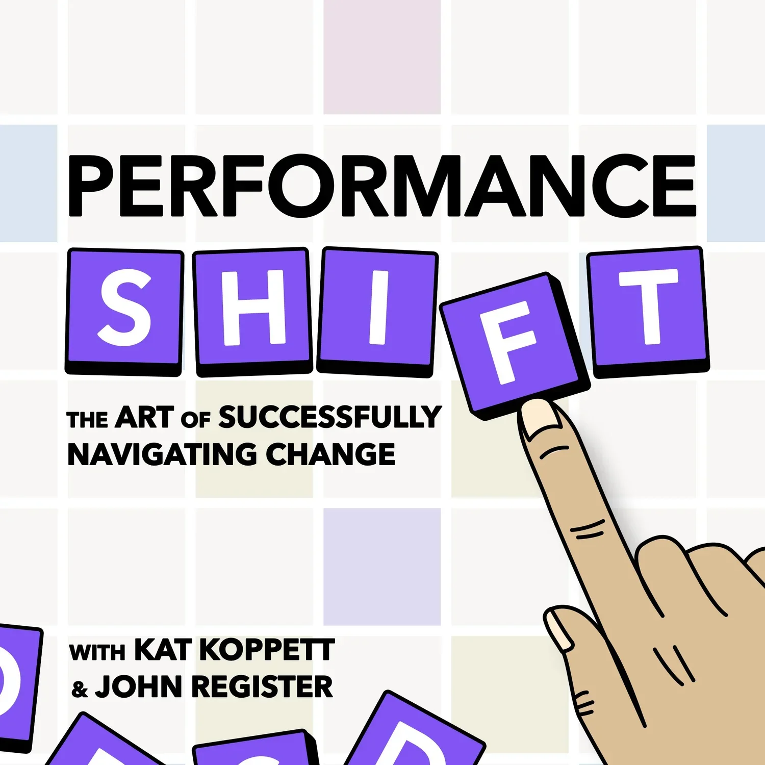 Book cover titled "Performance Shift" with subtitle "The Art of Successfully Navigating Change" by Kat Koppett & John Register. Features purple tiles with white letters spelling "SHIFT" and an illustration of a hand with an index finger pointing to the "F" in "SHIFT." The background resembles a calendar grid.