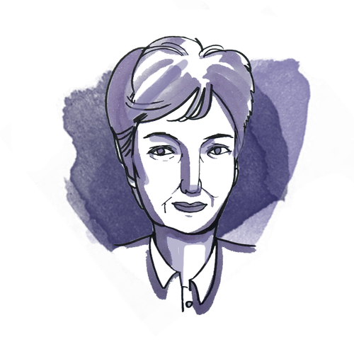 A watercolor illustration of a woman with short hair, wearing a collared shirt, with a confident expression.