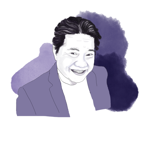 Animated portrait of a smiling man with dark hair, wearing a blazer and white shirt, with a purple watercolor background.