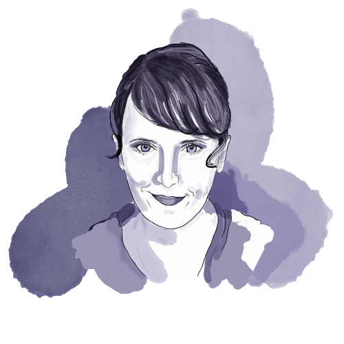 A digital illustration of a woman with short dark hair, smiling slightly, wearing a dark top, with a watercolor-style background in shades of purple.