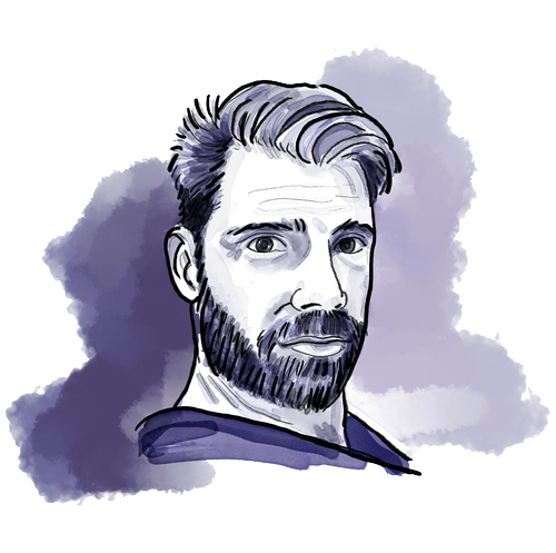 A digital illustration of a man with styled hair and a beard, against a watercolor background.