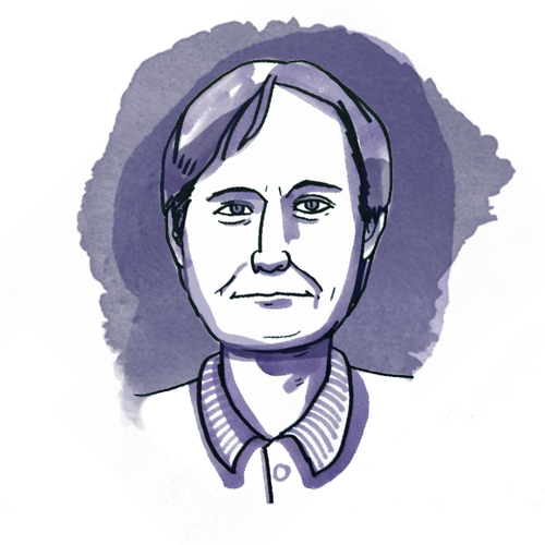 A digital illustration of a woman with short hair, wearing a collared shirt, set against a dark purple background.