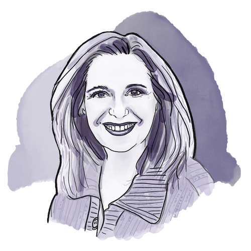 A digital drawing of a smiling woman with shoulder-length hair, wearing a striped shirt, set against a watercolor purple background.