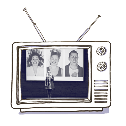 An illustration of a vintage television with an antenna, displaying a woman standing in front of a backdrop with three large black-and-white photos of faces making funny expressions.