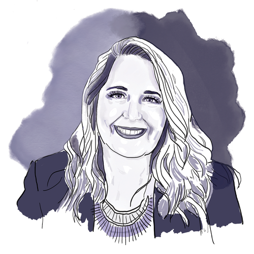 Black and white digital illustration of a smiling woman with long wavy hair, wearing a jacket and a top with a patterned collar, against a dark watercolor background.