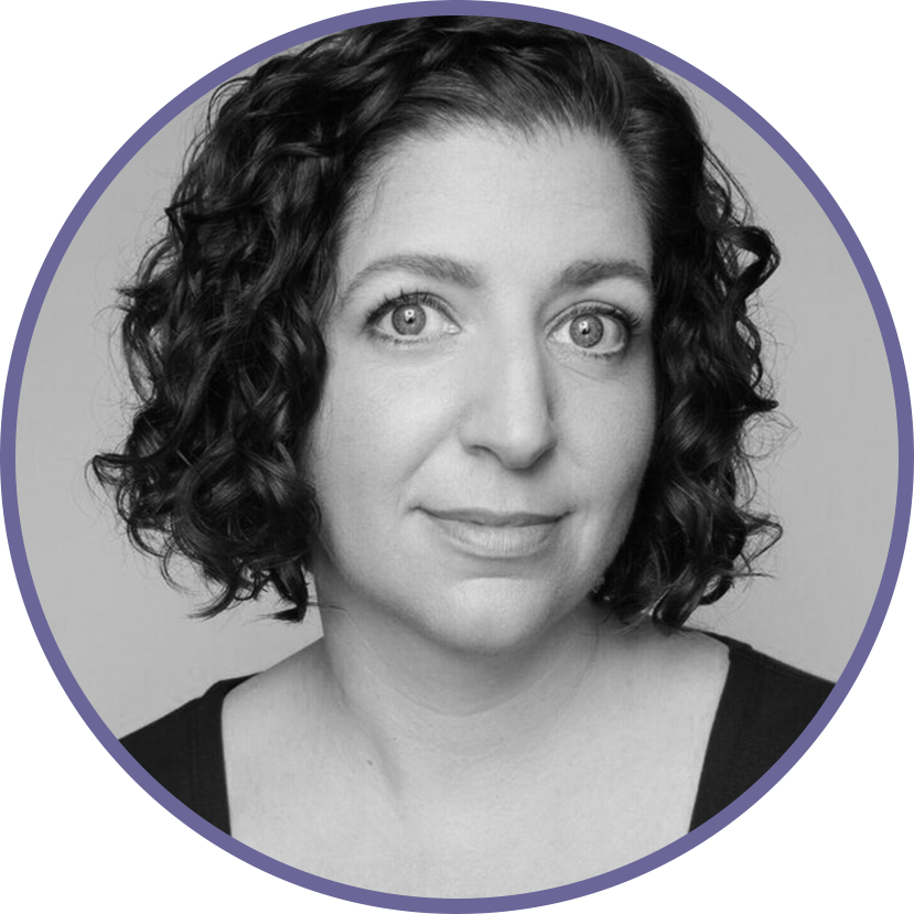 Black and white headshot of a woman with curly hair and light-colored eyes, wearing a black top, against a plain background.