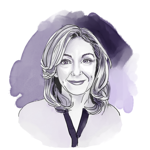 A watercolor-style illustration of a woman with shoulder-length blonde hair, smiling, with a purple and gray abstract background.