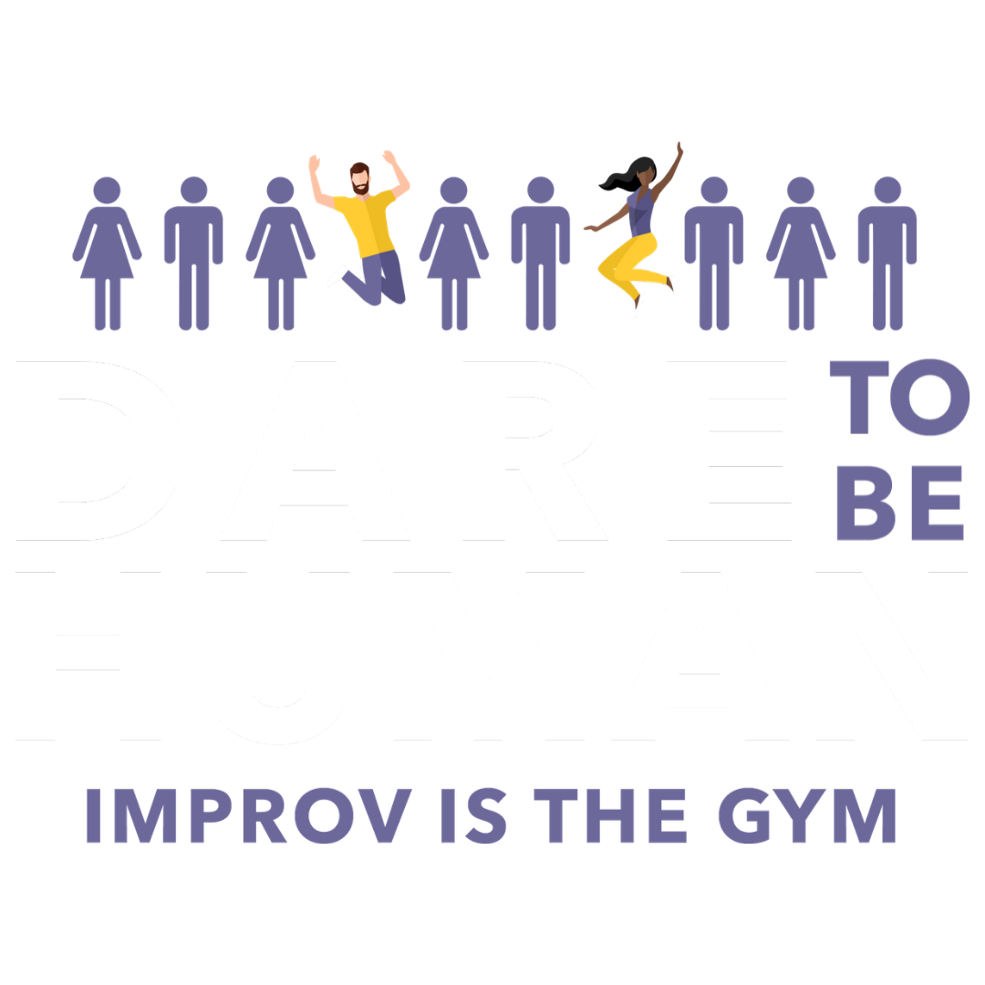 People jumping in front of a large sign that says "Dare to Be Human" and "Improve the Gym"