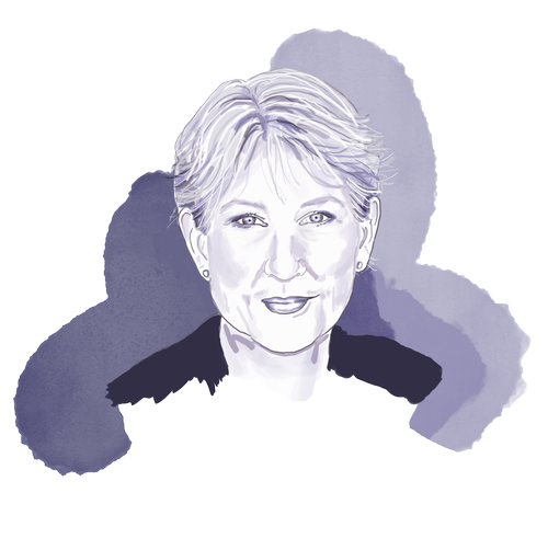 Illustration of a woman with short, light-colored hair, wearing a dark blazer.