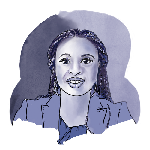 A digital watercolor portrait of a woman with braided hair, wearing a suit jacket and smiling.