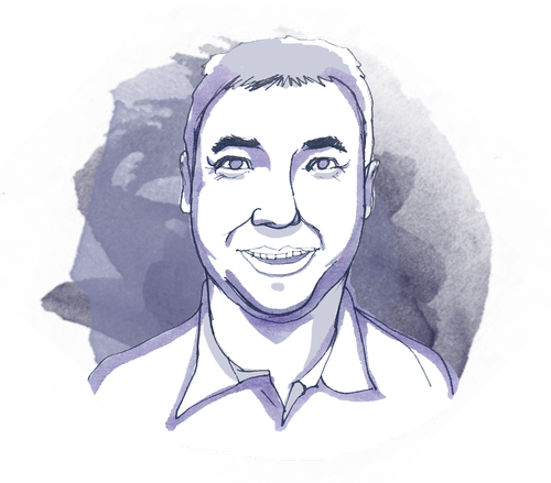 Stylized portrait of a smiling person with short hair, wearing a collared shirt, set against a dark background.