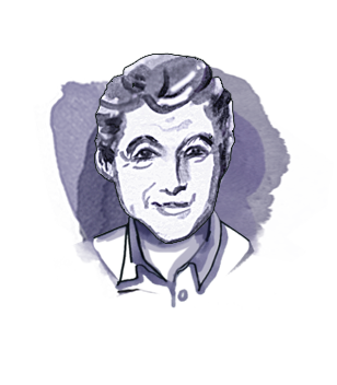 Stylized black and white portrait of a woman with short hair, wearing a collared shirt, against a dark background.