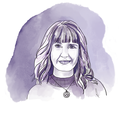 A digital illustration of a woman with shoulder-length hair, wearing a necklace and a top with a high neckline, against a purple watercolor background.