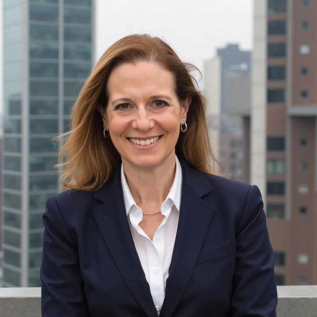 A smiling woman with shoulder-length light brown hair, wearing a dark blazer and white shirt, posing outdoors in front of a city skyline with tall buildings.