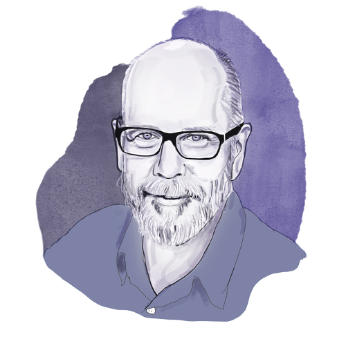 A digitally stylized portrait of a man with glasses, a beard, and a mustache, wearing a collared shirt, with a purple and gray watercolor background.