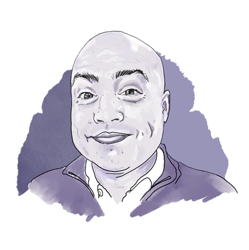 A smiling cartoon man with short hair and dressed in a zip-up sweater.