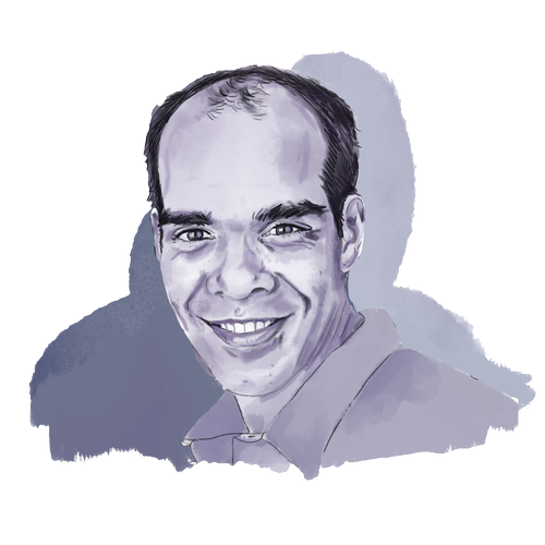 Illustration of a smiling man with a receding hairline, wearing a collared shirt.