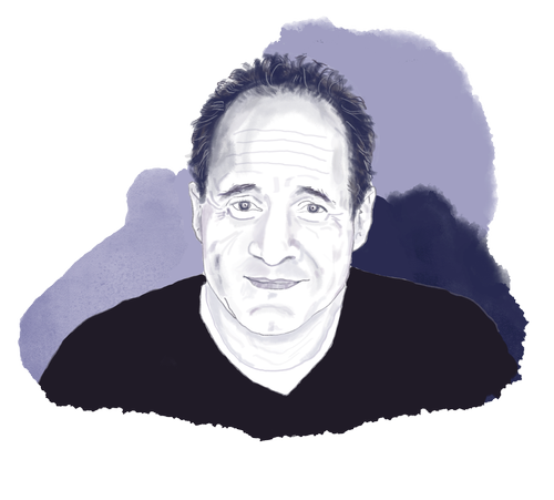 Edited portrait of a middle-aged man with dark hair, smiling gently, wearing a black shirt, with abstract watercolor background.