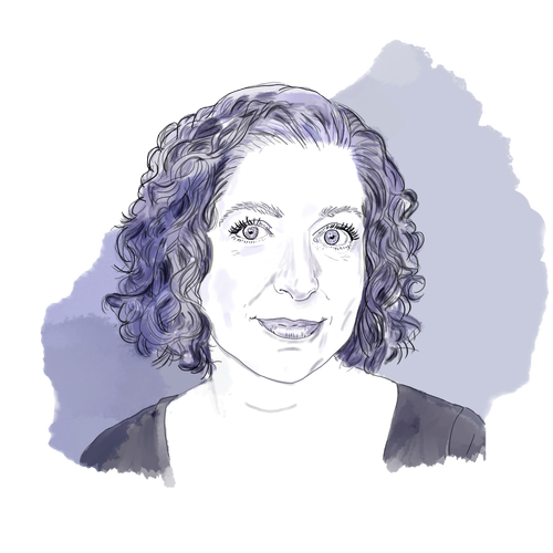 A stylized digital portrait of a woman with curly hair and a friendly expression, wearing a dark top, against a light, abstract background.