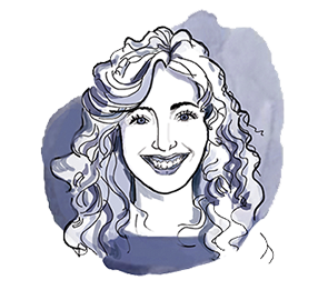 A black-and-white illustration of a woman with curly hair, smiling, with a light background.