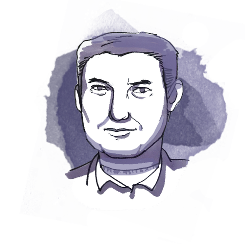 A stylized illustration of a man with short hair, wearing a collared shirt and a blazer, against a purple background.