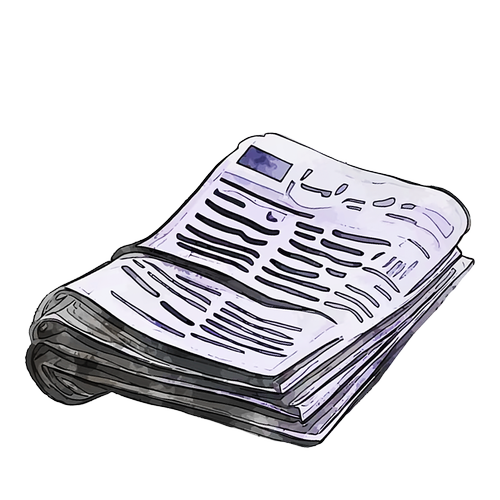 A stack of printed newspapers with visible text and images.
