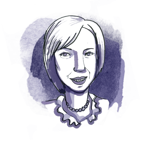 Illustration of a smiling woman with short hair, wearing a beaded necklace and a ruffled top, against a purple background.