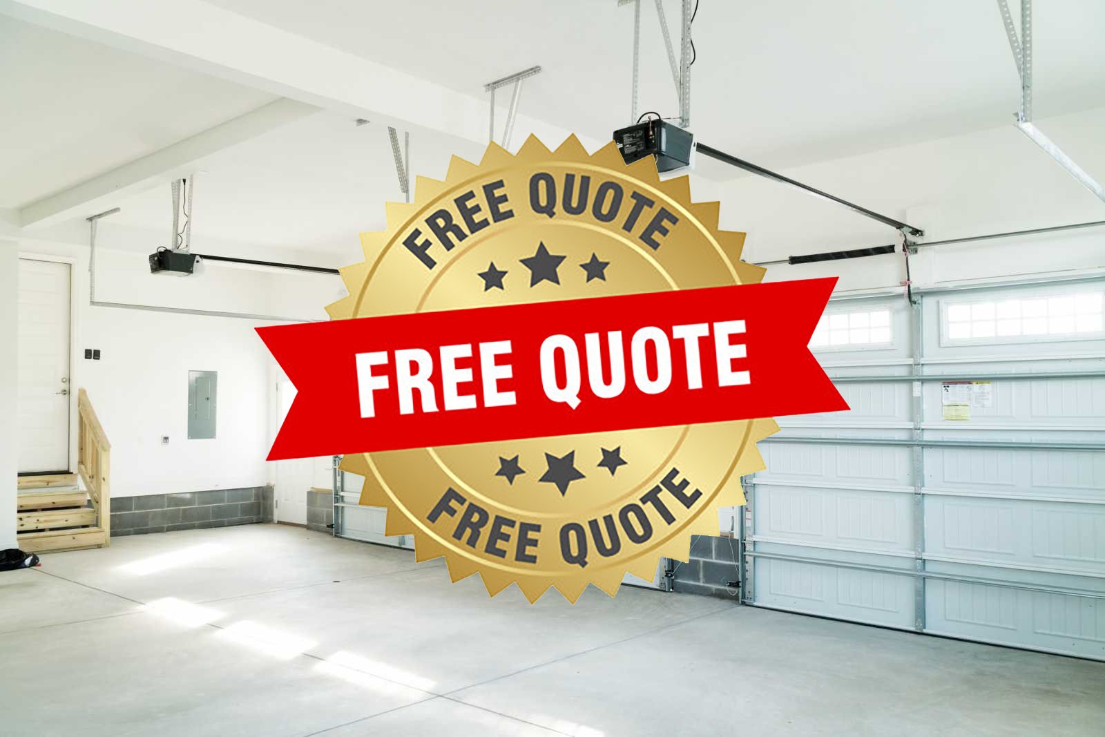 Empty garage with a large sign overlay that reads 'Free Quote'.