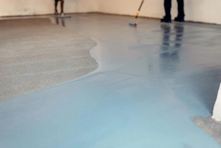 People applying a blue self-leveling compound to a concrete floor.