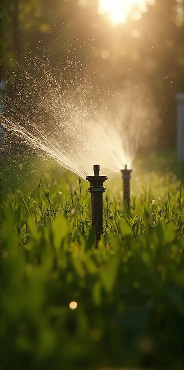 Two sprinklers watering green grass during sunset.