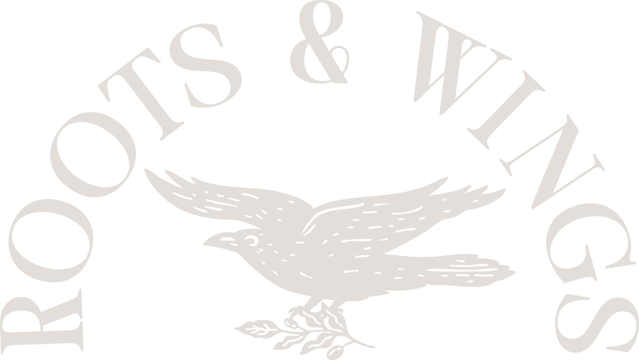 A logo with a stylized bird holding an olive branch in its talons, surrounded by the text 'ROOTS & WINGS' in a curved layout.
