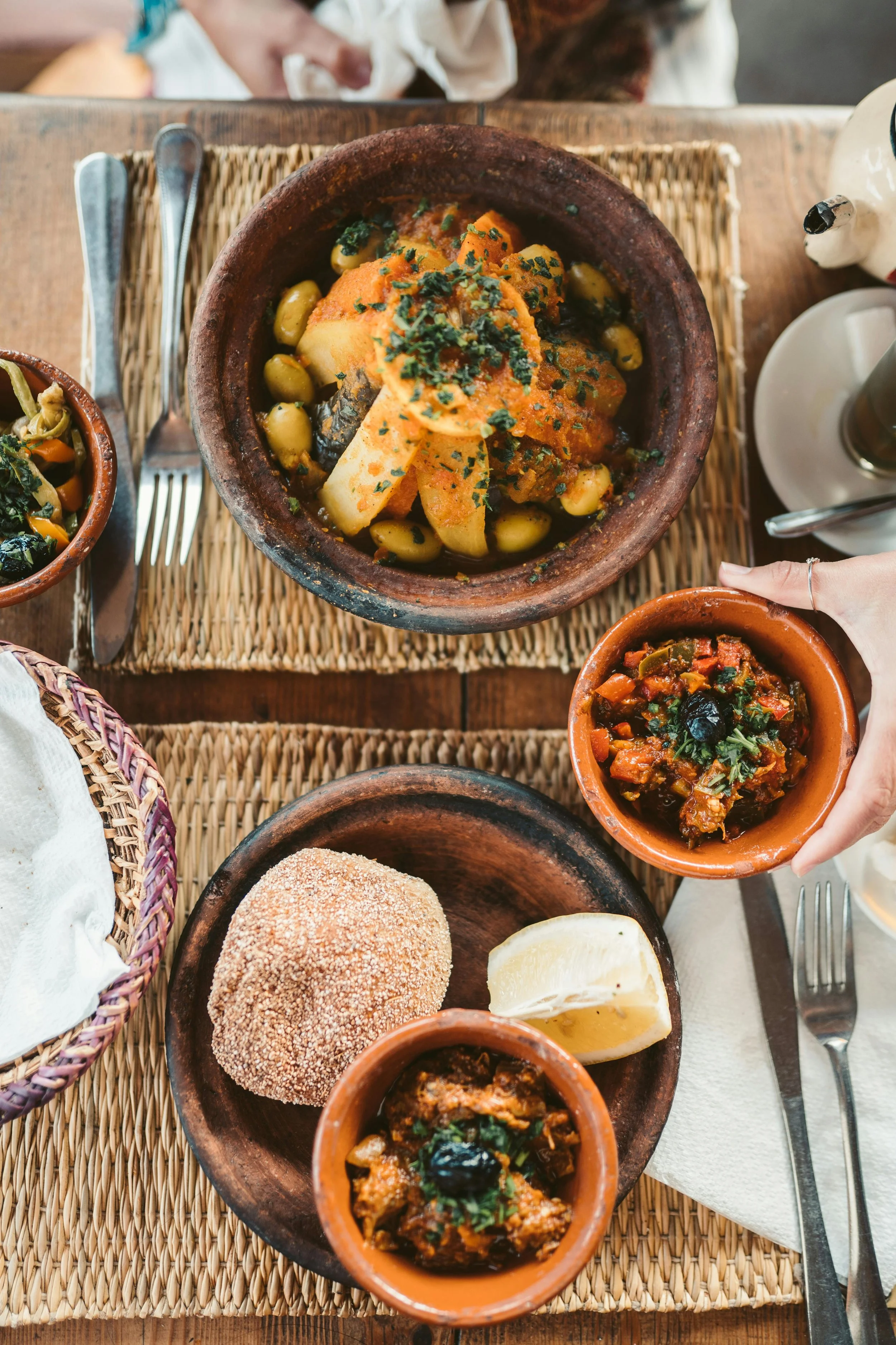 Moroccan food on table in bowls