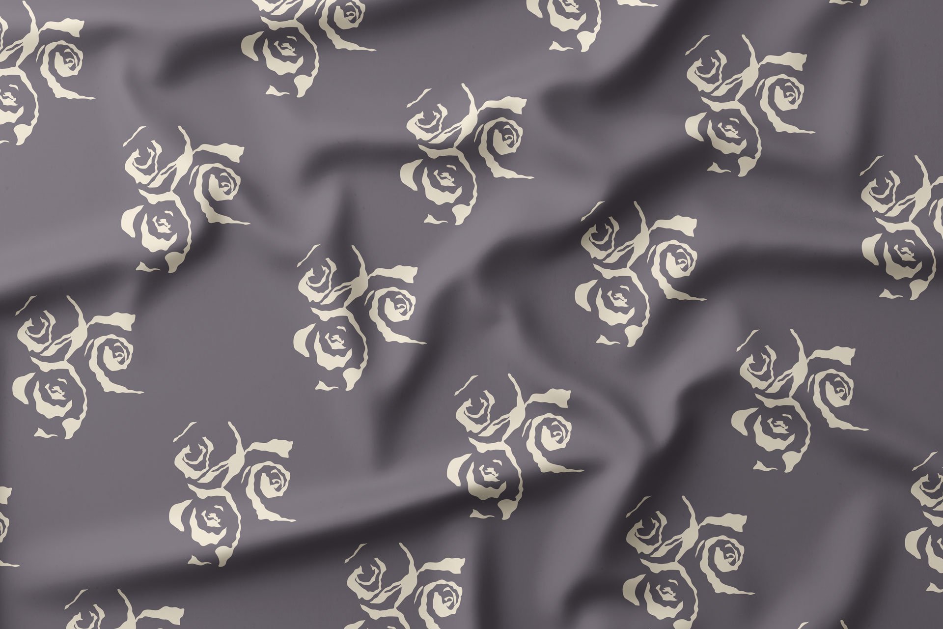 Gray satin fabric with a pattern of off-white roses and leaves.