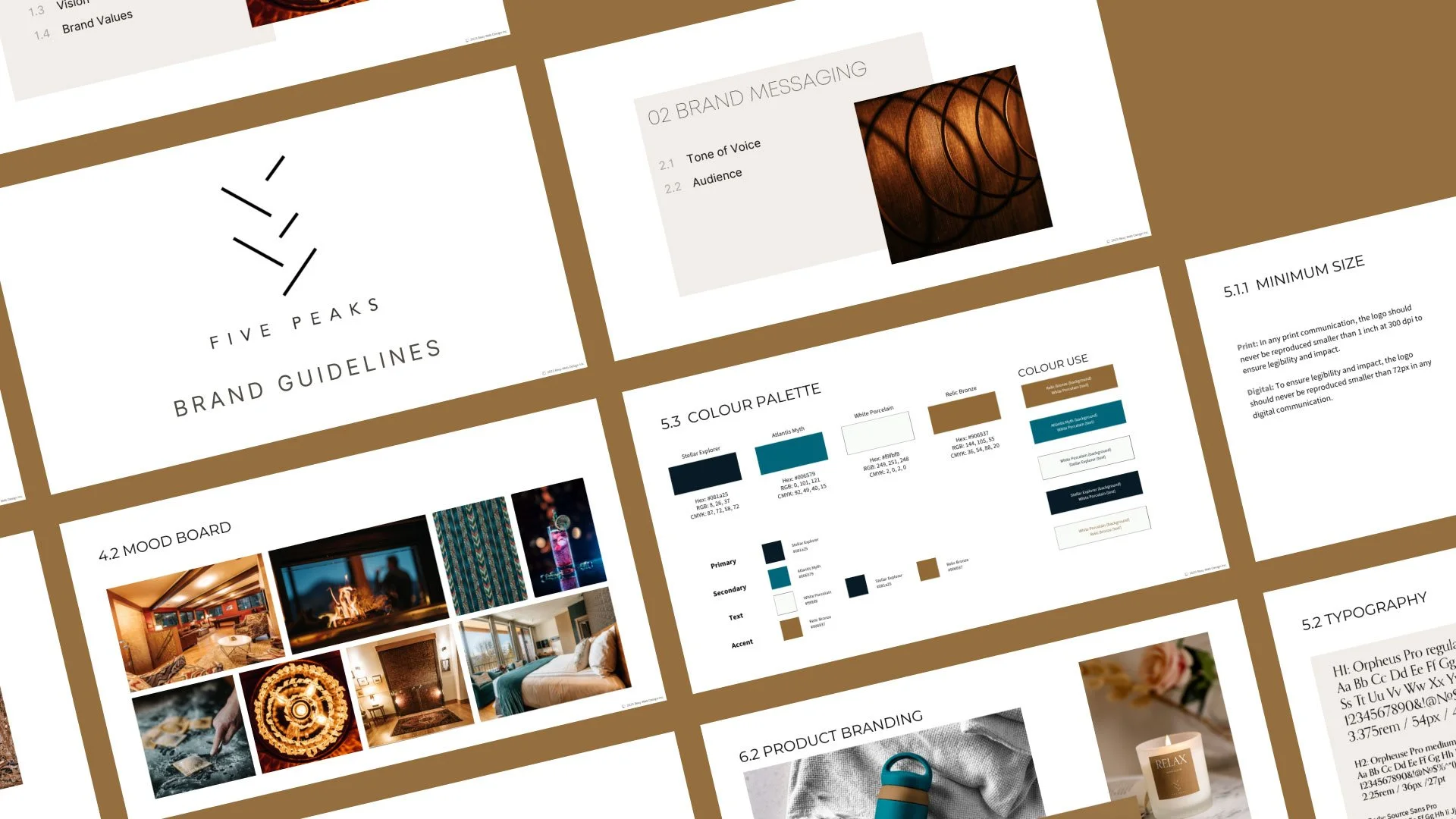 Slides from a brand guidelines presentation, including sections on brand messaging, color palette, mood board, typography, and product branding.