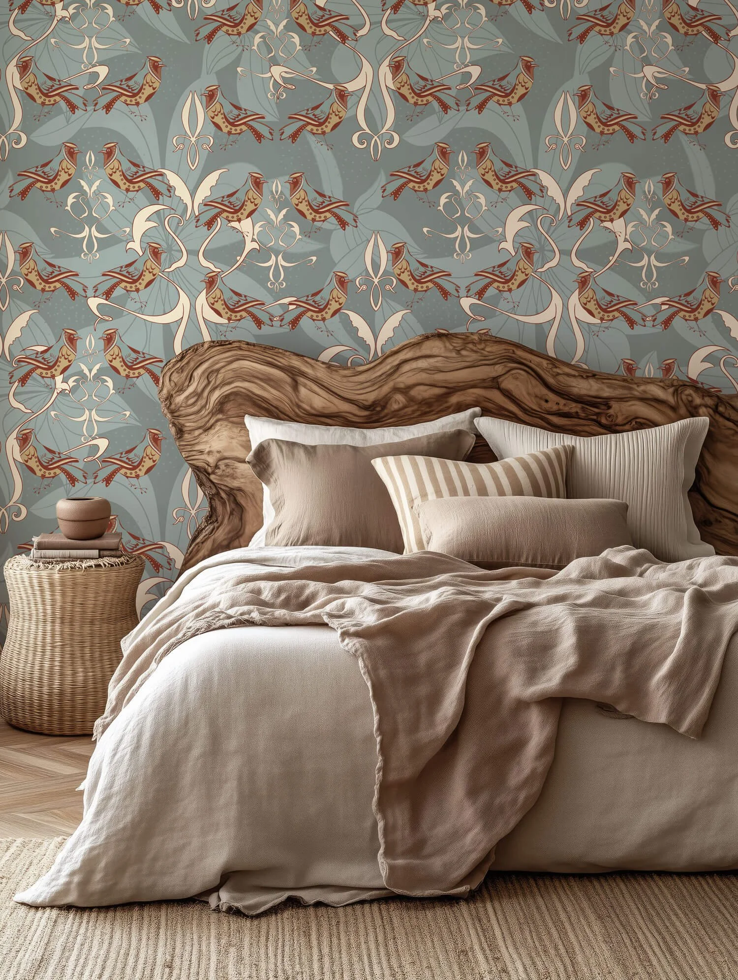 A bed with beige and white bedding, including pillows, and a rustic wooden headboard in a bedroom with a patterned wall and a wicker nightstand.