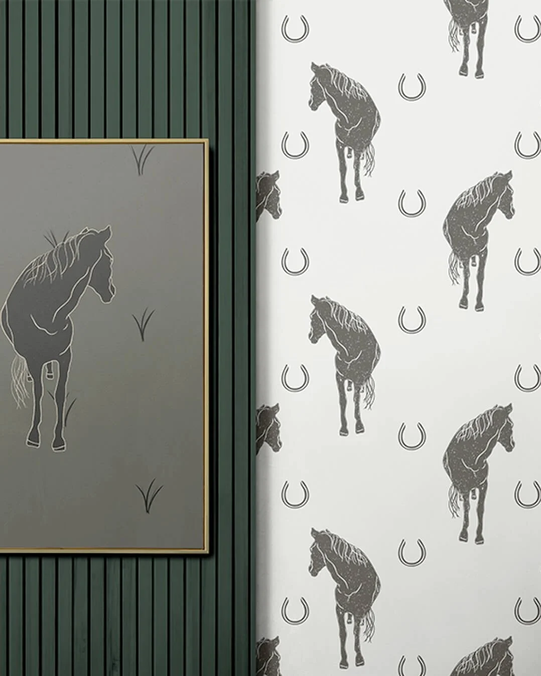 Close-up of two walls with horse-themed wallpaper. The left wall is dark green with a framed gray illustration of a horse and some grass, while the right wall is white with a repeating pattern of black horse silhouettes and horseshoes.