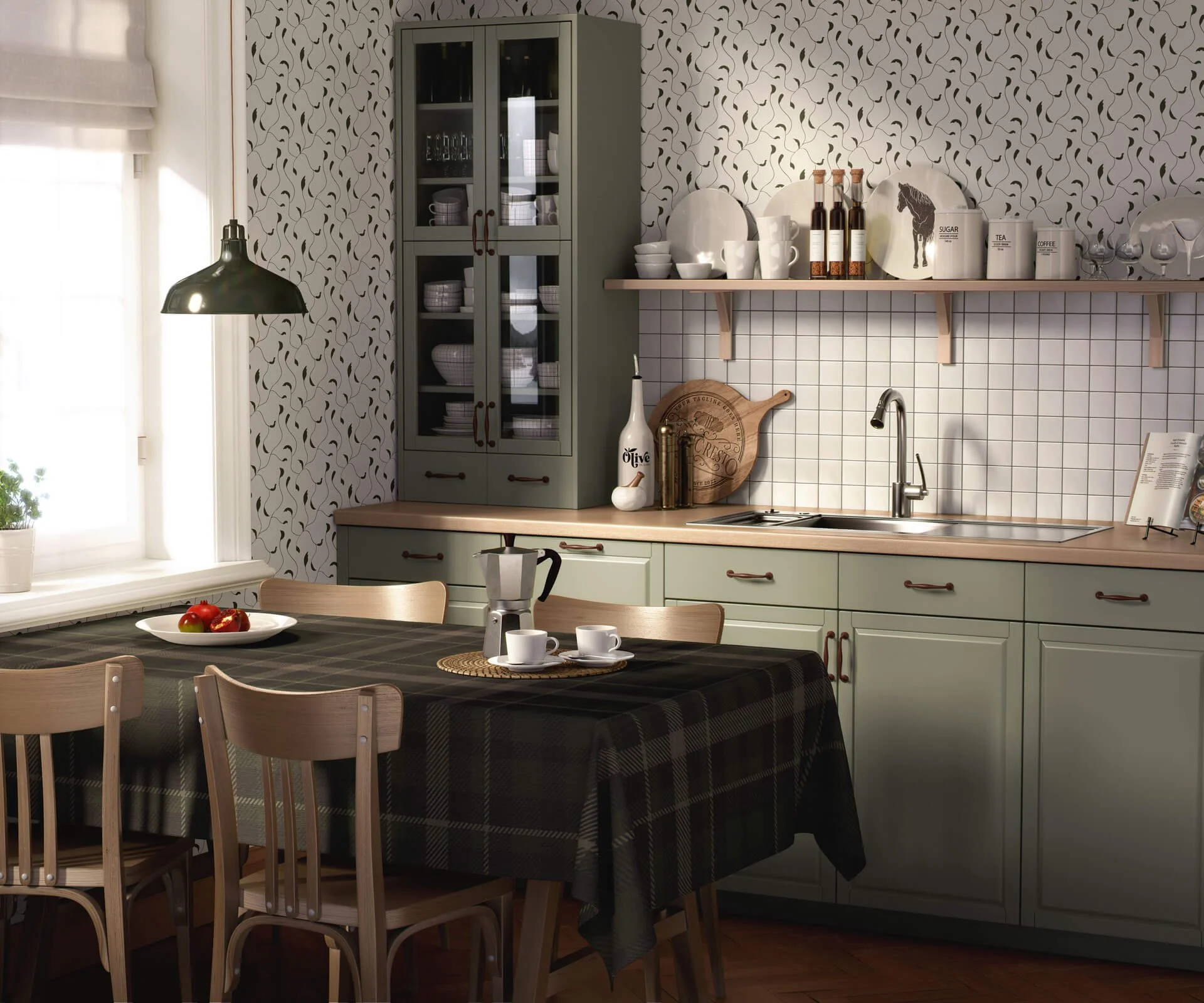 A cozy kitchen with mint green cabinets, open shelving, a window with a beige blind, a dark green checkered tablecloth on the dining table, and a table setting including two cups, a coffee pot, and a bowl of apples.