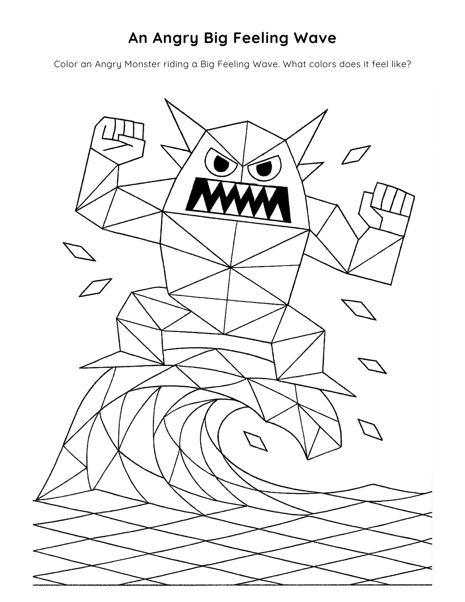 A coloring page of an angry monster riding a wave of water. It symbolizes riding out angry emotions.