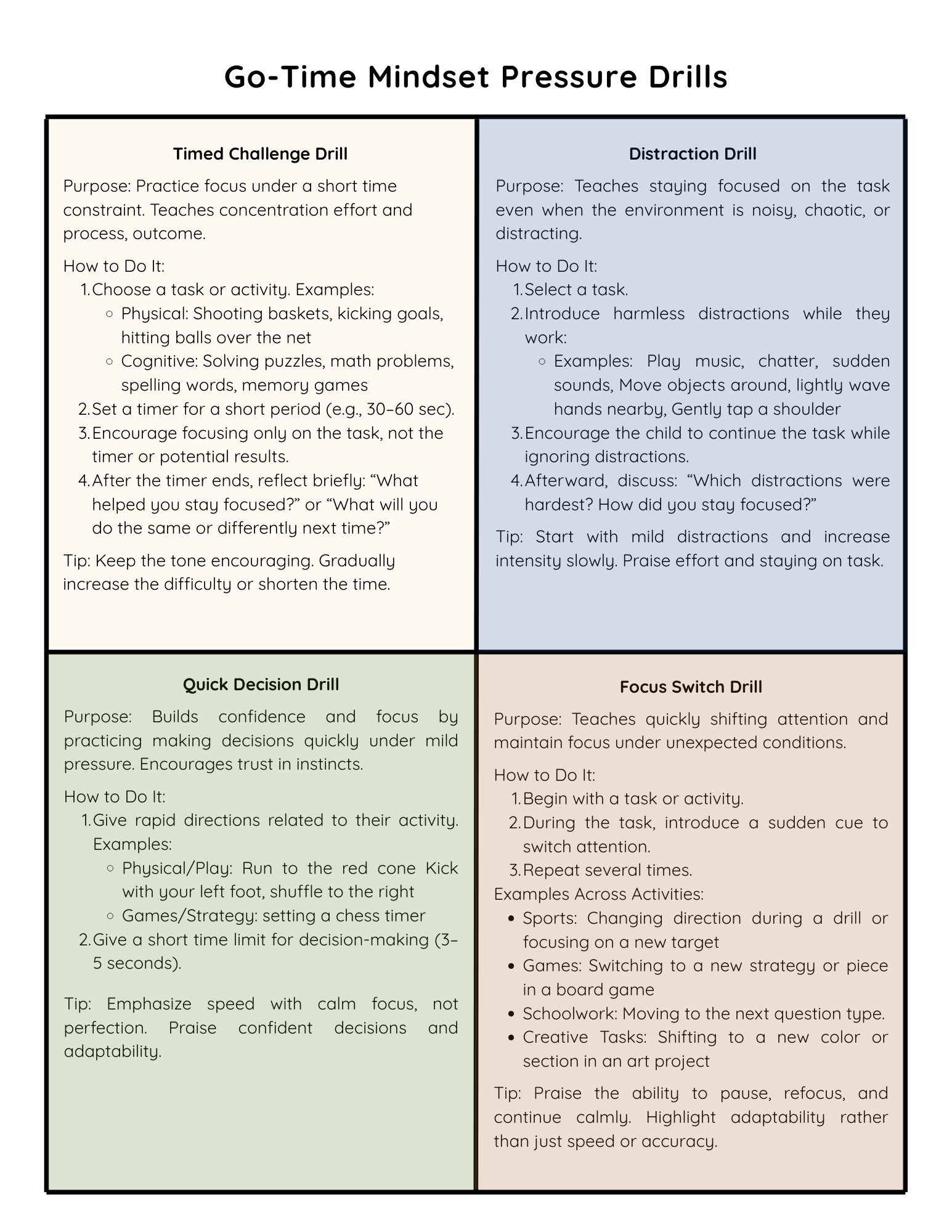 4 flashcards that show pressure drills. These drills help the student practice performing under pressure.