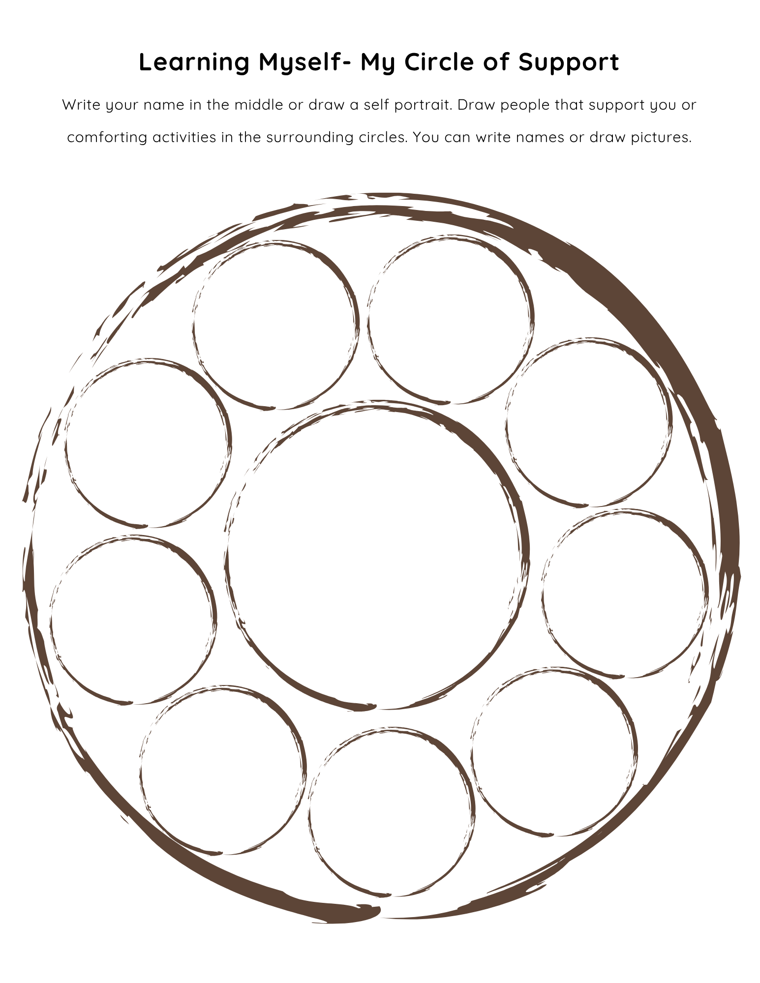 Printable worksheet where you write or draw your family, friends, mentors, coaches and those around you who support you.