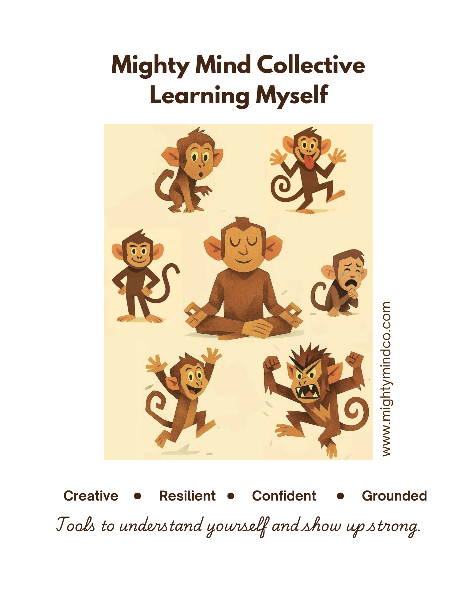 Printable workbook cover showing monkeys with different emotions. The workbook is titled Mighty Mind Collective: Learning Myself. It is for self-awareness