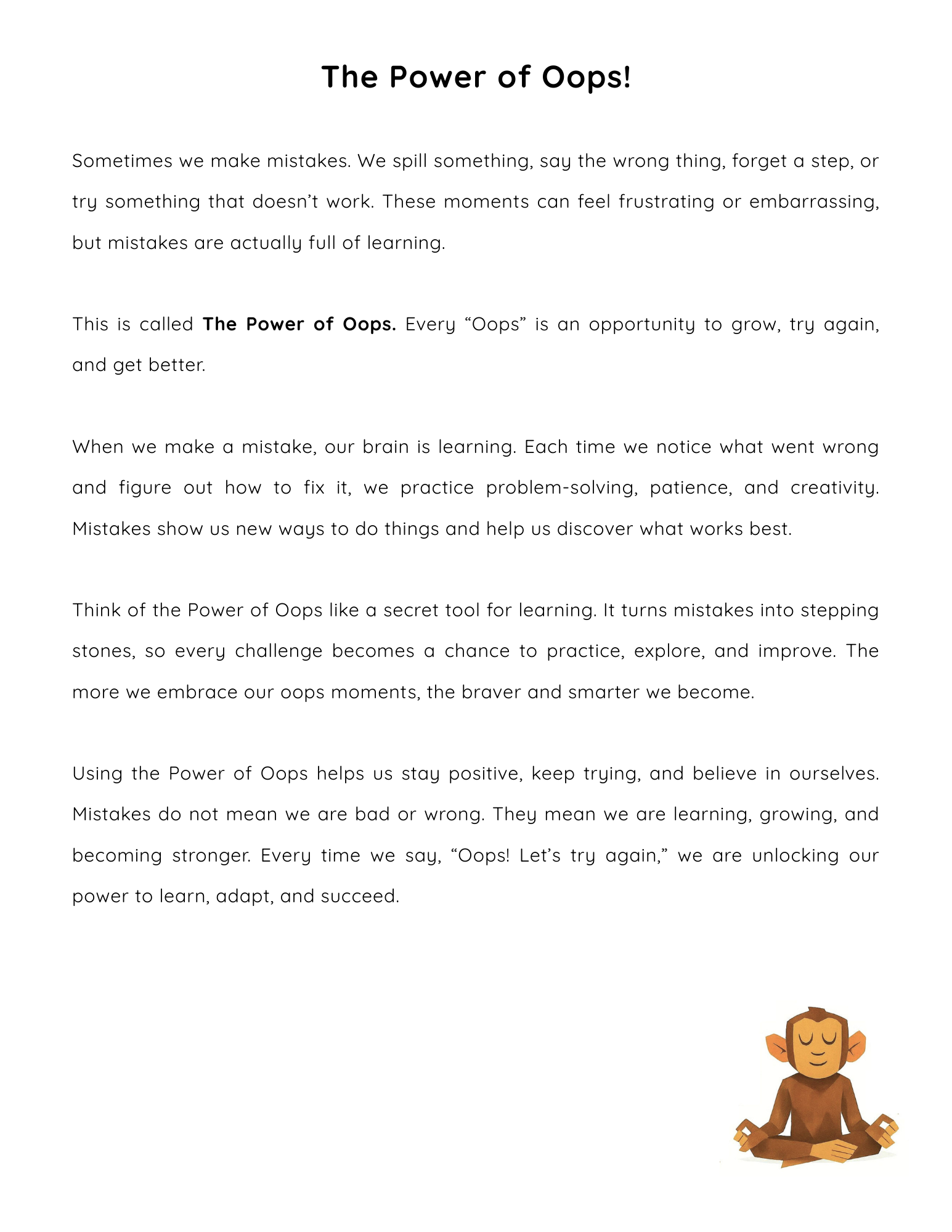 Descriptive page detailing what The Power of Oops is. It is knowing that there is power in mistakes when we learn from them