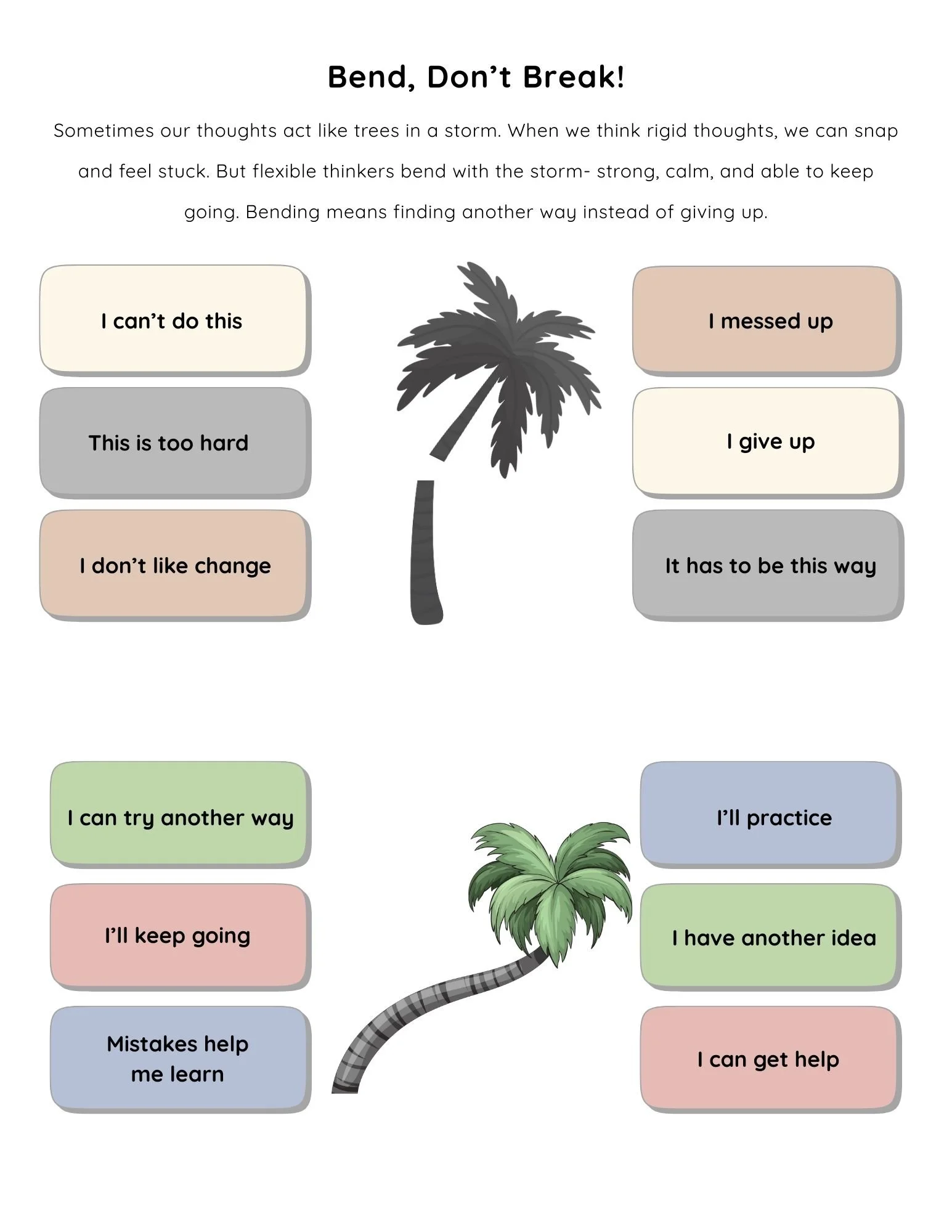 Palm tree bending and breaking in the wind to symbolize emotional resilience